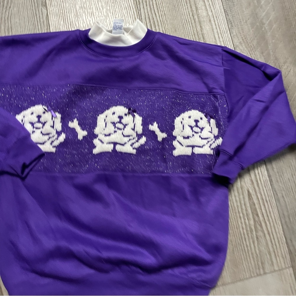 Vintage 70s 80s faux turtleneck purple knit sweatshirt grandma wear dogs M - Picture 2 of 6